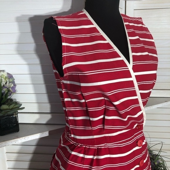 Vintage 80s Lucy Red and White Striped Cotton Nautical Midi Dress S - Picture 5 of 13